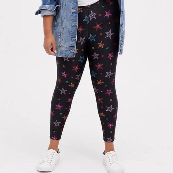 Torrid-Leggings 1X Black Stars Liquid Shine Retro 80s Full Length Plus Mid Rise - Picture 1 of 4